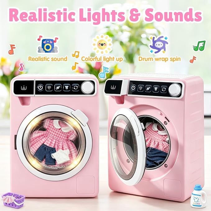 Kids Toy Washing Machine, Realistic Pretend Play Appliance for Girls, Interactive Toy Dollhouse Furniture, Play Washer and Dryer Playset with Spinning Drum (Pink)