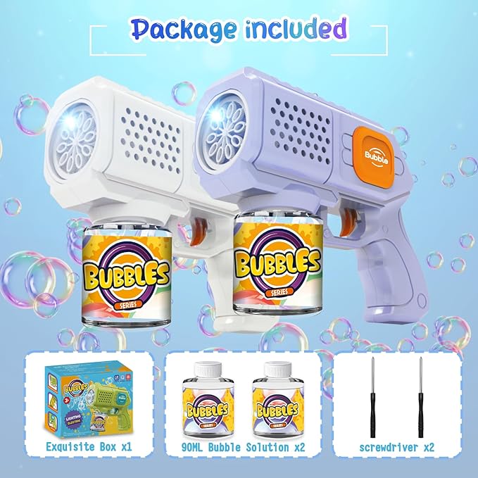 Panacare 2 Packs Bubble Gun,Automatic bubbele Maker with 10 Holes/Lighting,Bubble Maker Toy for Kids/Pets.10000+Rich Bubbles/Min with Bubble Solution.Best Gifts for Birthday/Party/Wedding