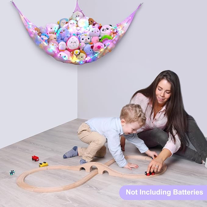 Stuffed Animals Net or Hammock Kids Toy Storage Organizer with LED Light Unicorn Castle Hanging Corner Stuffed Animals Holder Kids Girls Room Decor (Pack of 1)