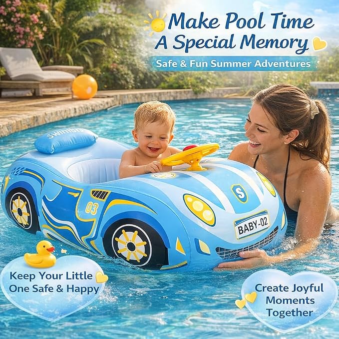 Baby Pool Float Toddler Floaties 3D Car Baby Float for 12-48 Months Inflatable Heavy Duty 0.35mm PVC Seat Boat Pool Toys Float No Flip Swimming Floaties for Boys&Girls1-5 Years