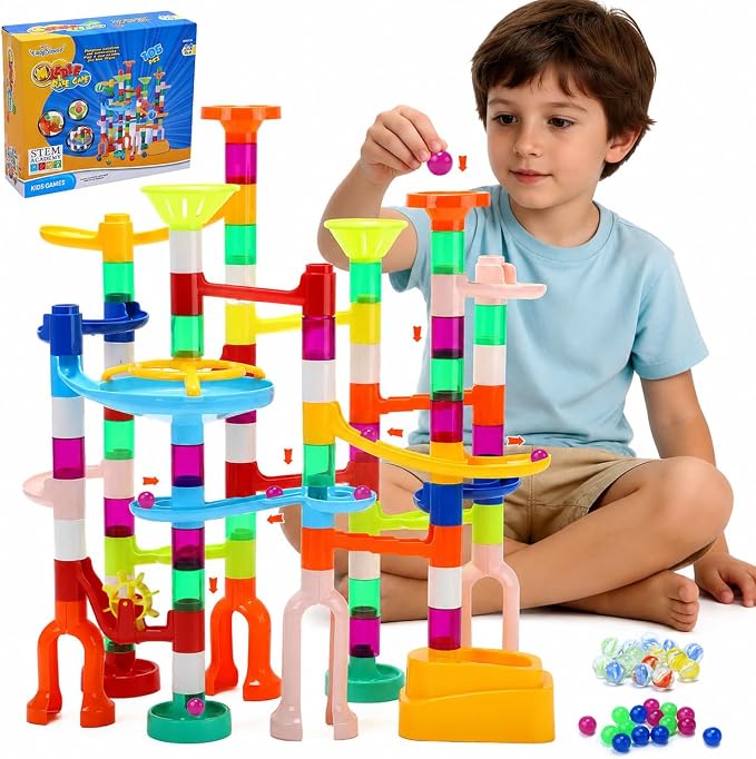 EagleStone 105PCS Marble Run STEM Maze Building Toy Race Track Set | 75 Track Pieces With Plastic And Glass Marbles, Marble Maze Race Track Toy For Kids Ages 3-12, Educational Gift Boys Girls