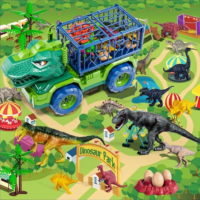Dinosaur Truck for Kids 2-4, Dinosaur Action Figure Toys for Toddler 3-5 with 8 Dinosaur Figures, Play Mat, Egg, Tree, T-Rex Transport Car Carrier Birthday Gifts Toys for Boys 2 3 4 5 6 Year Old