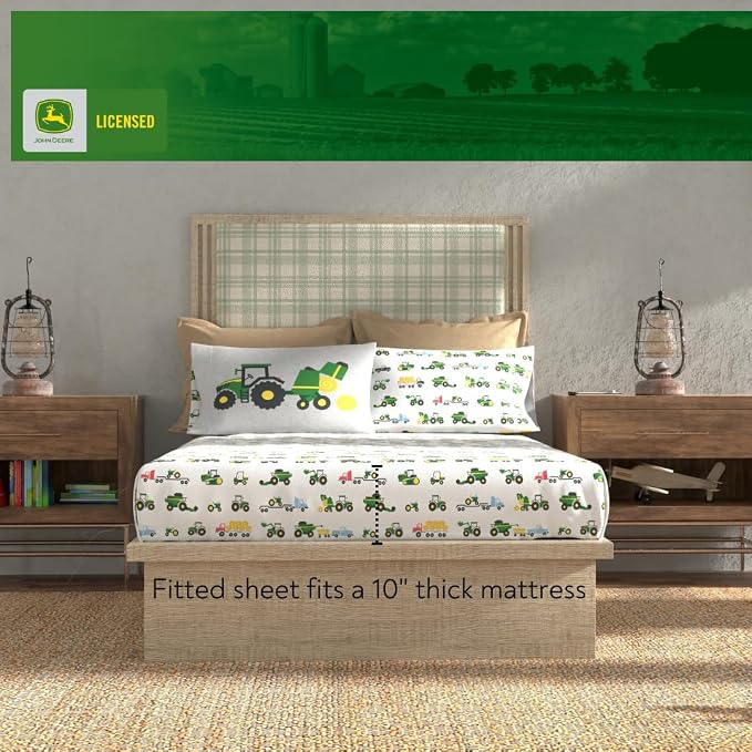 Franco Kids John Deere Farm Equipment Bedding 4 Piece Super Soft Reversible Comforter and Sheet Set, Twin, (Officially Licensed Product)