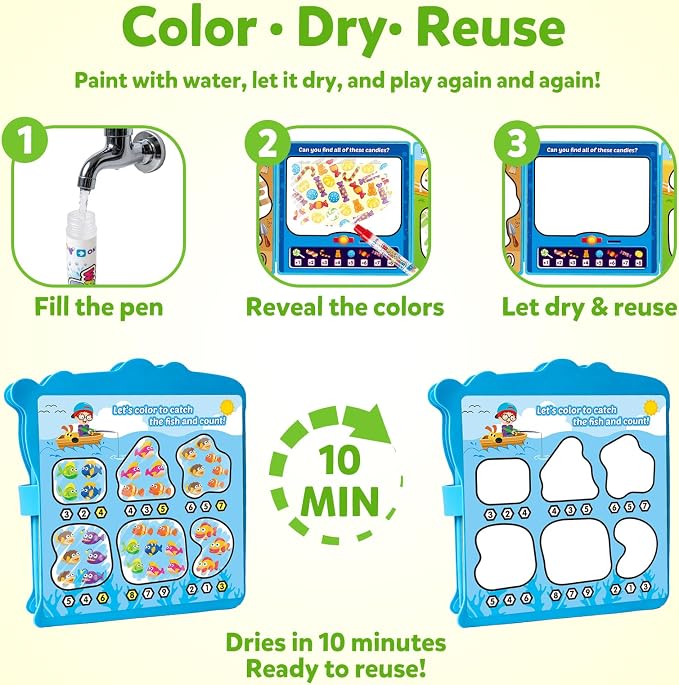 Coogam 3Pcs Water Coloring Book for 3 4 5 Year Old Toddler Kids | Reusable Magic Water Doodle Book with Water Pens, Mess-Free Pianting Book,Portable Educational Doodle Drawing Kits Gift Toy