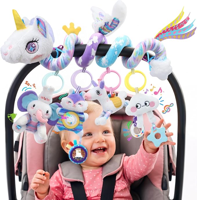 Car Seat Toys for Babies 0-6 Months, Unicorn Carseat Toys Hanging Baby Car Seat Toys, Stroller Toys with Music Rattle, Sensory Hanging Toys for Newborn Infant Crib