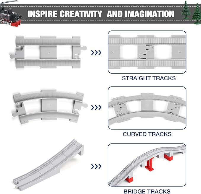 MANNIDOO 34 Pieces Train Bridge Tracks, Classic Railway Track with 12 Curved Tracks, 12 Straight and Bridge Tracks - Compatible with All Major Brands, Toy Track Accessory for Kid, Light Grey