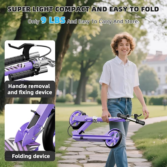Scooters for Kids 8-12, Teens & Adults - Lightweight, Foldable, 8-Inch Big Wheels, Hand Brake & Bell, 4 Adjustable Height Levels, 240 lbs Max Load, Perfect for School, Campus and Park Rides