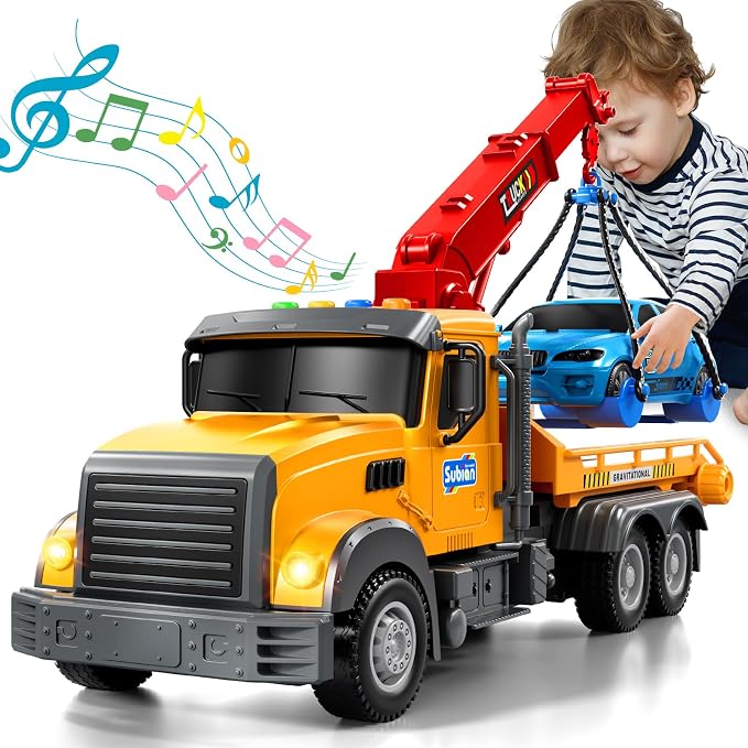 JUKUDAHU Tow Trucks for Toddlers 2-4 Years Old - Flatbed Truck Toy for Kids Aged 3-5 4-8,Friction Powered Transport Crane Toy with Light and Sound, Racing Car, Birthday Gifts for Boys Girls