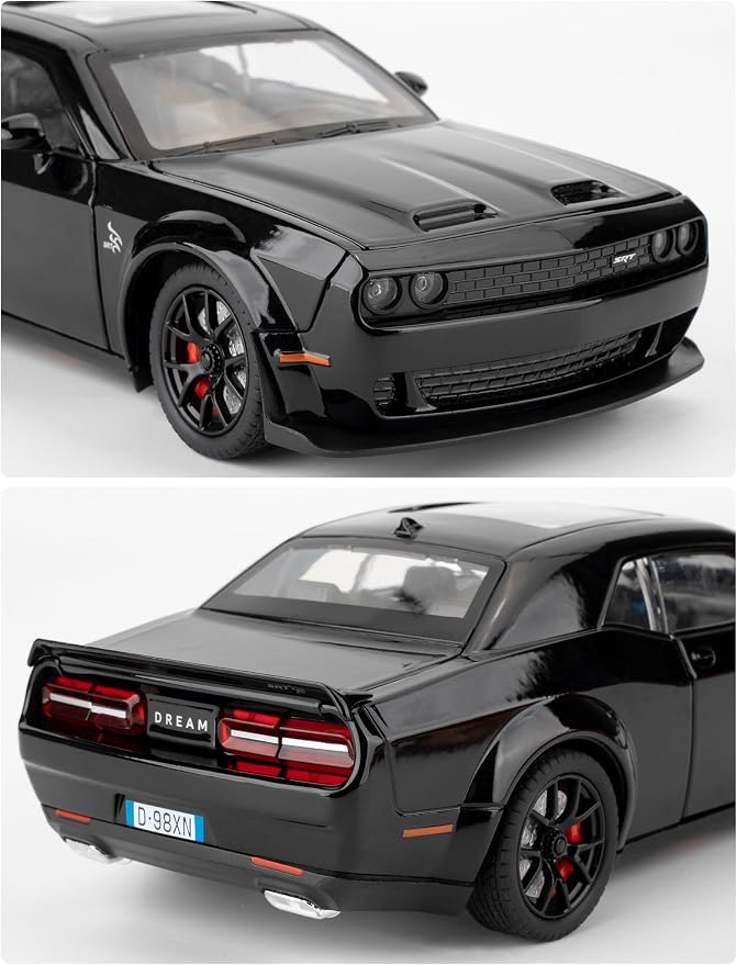 Compatible for 1/24 Dodge Challenger SRT Hellcat Car Model, Collectible Die-Cast Model Car with Lights and Sounds,Pull Back Car Toy for Adults Kids Birthday Gifts Decoration (Black)