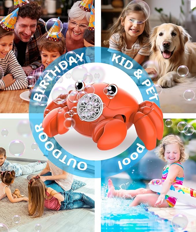 360° Crawling Crab Bubble Macine, Obstacle Avoidance, Music & LED Light | USB-C Rechargeable Tummy Time Toy, 3 Separate Buttons Control Bubbles, Movement & Music, Gift for 3+ Toddlers, Boys, Girls