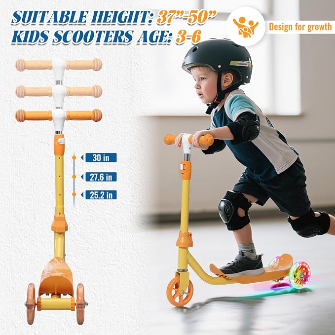 Kids Scooter Ages 3-7, 3 Wheel Scooter with LED Light Up Wheels, Safer Steering & Adjustable Handlebar, Wide Anti-Slip Deck, Heavy Duty Metal Kick Scooter for Boys Girls Toy Gift, Up to 110 lbs