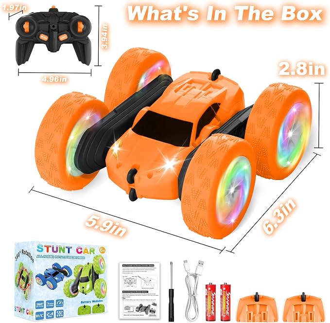 Remote Control Car, Outdoor Toys RC Cars for Kids Ages 6-12, 4WD Double Sided Stunt Vehicle with Upgraded USB-C Modular Batteries, 5 6 7 8 9 10+ Year Old Boy Birthday Orange