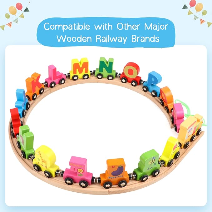Wondertoys Wooden Alphabet Train Toy 27 PCS Magnetic Alphabet ABC Letter Train Set Includes 42 PCS Flash Cards, 1 Engine and 1 Storage Bag for Toddlers Kids Boys and Girls