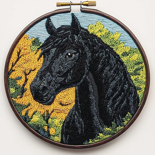 DIY Punch Needle Kits Cartoon Black Horse and Tree Embroidery Punch Needle Starter Craft with Hoop Easy for Beginners for Festival t and Decoration 20x20cm-1
