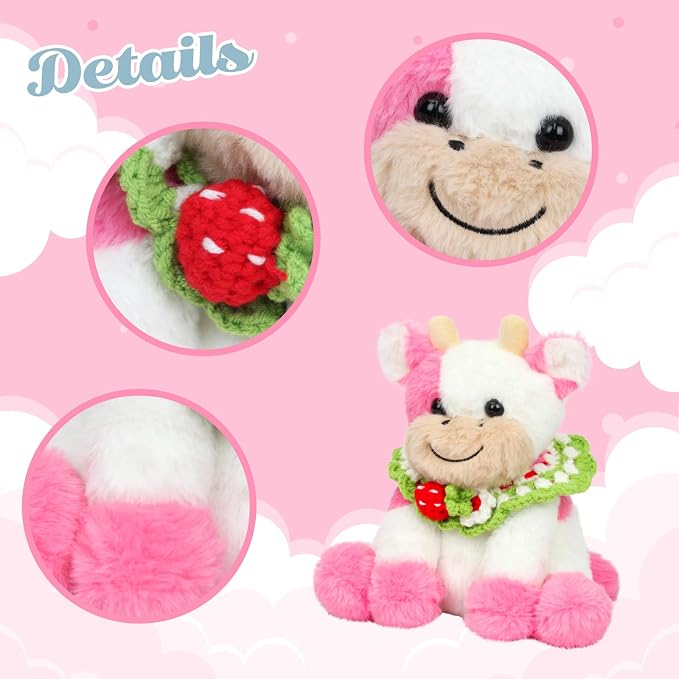 Hopearl Adorable Plush Cow Toy with Knitted Cute Strawberry Bib Floppy Dairy Cattle Soft Stuffed Animal Kawaii Gift for Boys Girls Kids Toddlers, Pink, 9''