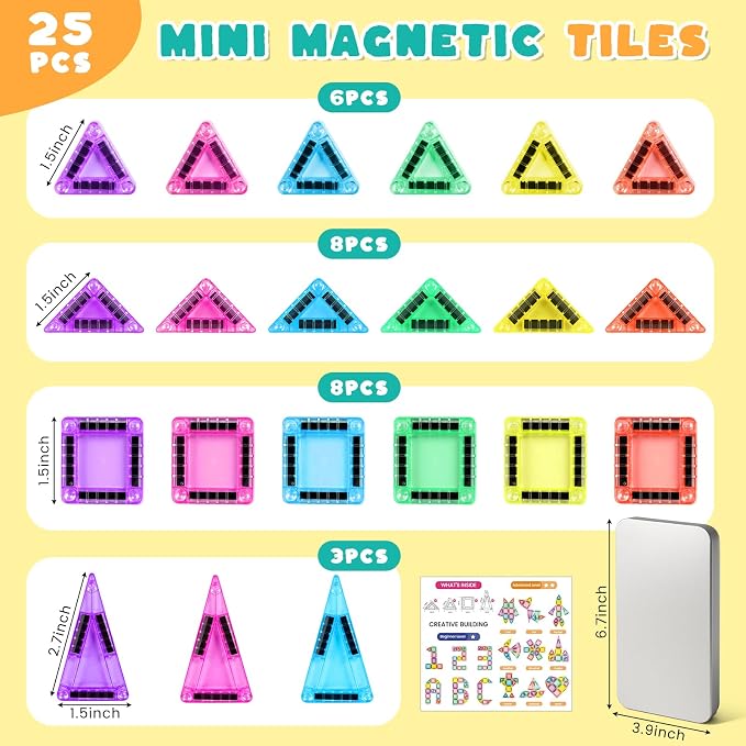 3 otters Travel Magnetic Tiles with Case, 25PCS Mini Travel Magnetic Building Blocks STEM Toys for Boys Girls Birthday Party Gift Classroom Prizes