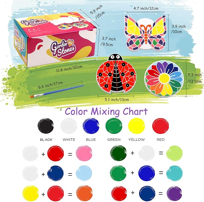 Paint Your Own Stepping Stones 5-Pack for Kids, Boys & Girls Ages 3-12, Butterfly, Turtle, Flower, Tree & Ladybug DIY Outdoor Garden Art & Craft Ceramic Painting Set for Birthday Summer Activity