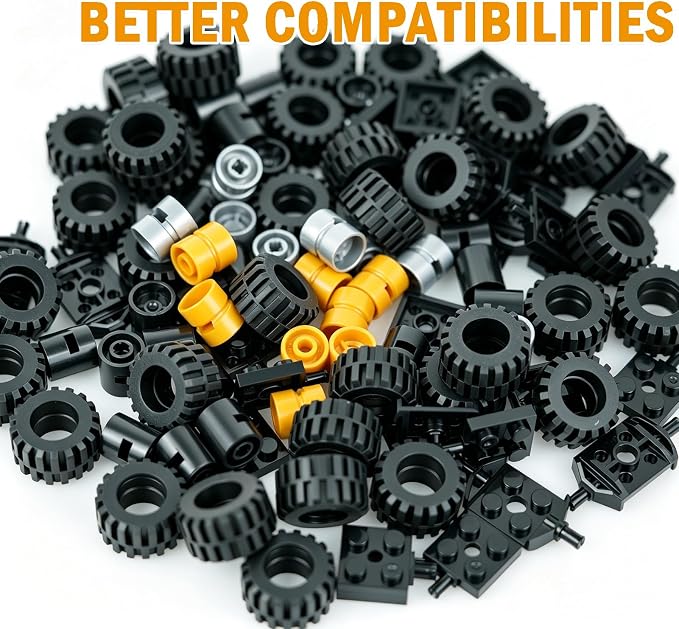 Pamvava Wheels and Axles Building Sets, 100 Pieces Vehicle Truck Tires Car Parts Accessories,Compatible with Major Brands Bulk Bricks, Construction Toys (Gold & Silver Hubs)