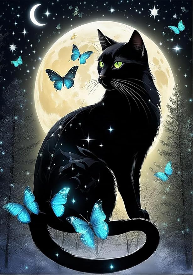 RYMILIE Cat Diamond Art Kits for Adults-Full Moon Diamond Painting Kits for Adults Beginners, 5D DIY Full Drill Round Rhinestone Gem Art Crafts Paintings for Home Wall Decor 12"x16"