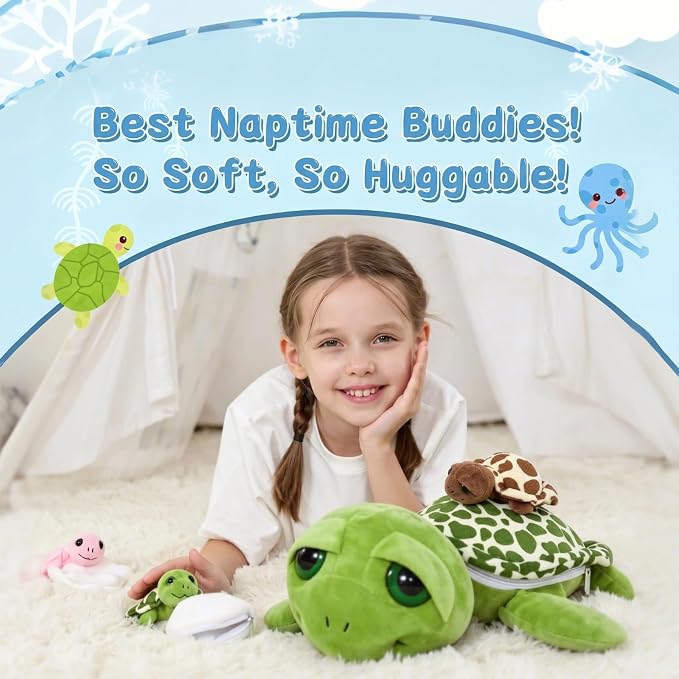 6Pcs Turtle Stuffed Animals with 3 Baby Turtles & 2 Eggs,14" Sea Turtle Plush Pillow Toy with with Zipper Belly, Nesting Ocean Animal Toy for Kids, Birthday Christmas