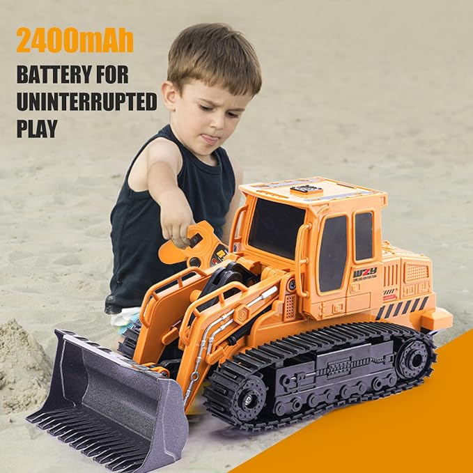 Jiakora Remote Control Front Loader - Metal Shovel, LED Working Lights, Music & 2 Rechargeable Batteries, Construction Toys for Boys Age 4 5 6 7 8 Birthday Gift