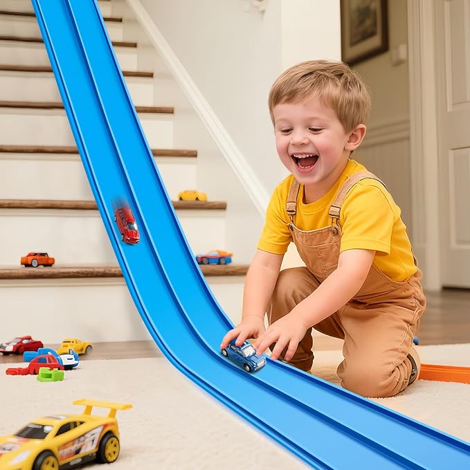 Flexible Race Track 15 Ft Starter Set, Flex Tracks for Kids 3+ with Strong Suction Cups, Flexible Car Race Ramp Track Compatible with Hot Wheels and Diecast 1/64 Cars, Portable Rolls Up Race Tracks
