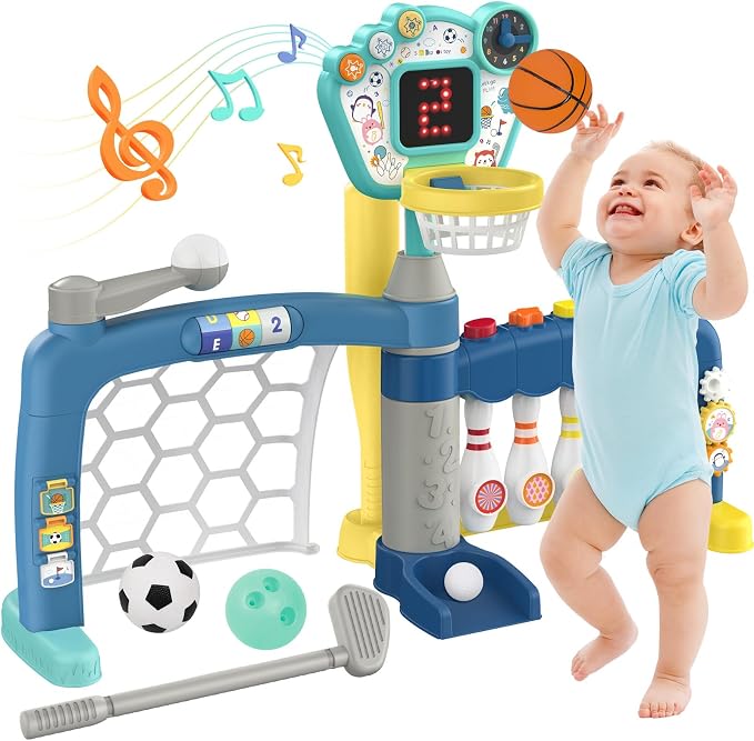 AIGIMU Toddler Sports Toys, 5-in-1 Toddler Basketball Hoop Soccer Bowling Baseball Golf Activity Center, 1 2 3 Year Old Boys Girls Toy, Toys for Toddlers & Baby