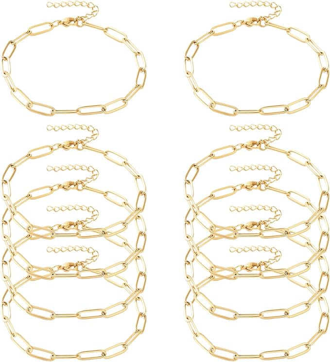 Exway 10 Pcs Paperclip Charm Bracelets Chain 6.5 Inch Stainless Steel Gold Chain Bracelets Kit with Lobster Clasps for Crafts DIY Women Jewelry Making