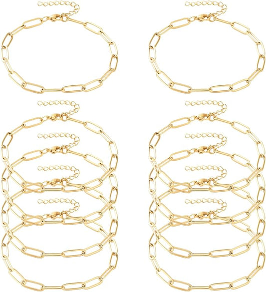 Exway 10 Pcs Paperclip Charm Bracelets Chain 6.5 Inch Stainless Steel Gold Chain Bracelets Kit with Lobster Clasps for Crafts DIY Women Jewelry Making