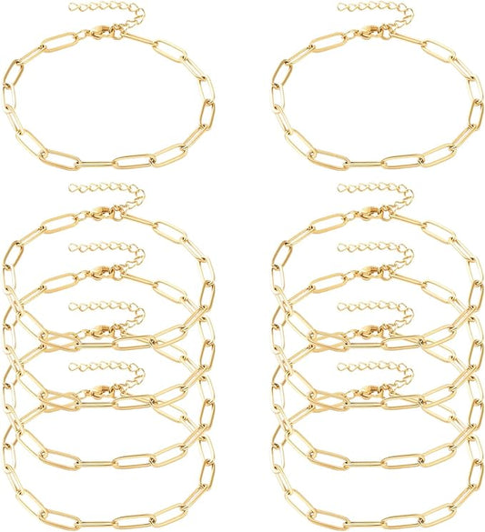 Exway 10 Pcs Paperclip Charm Bracelets Chain 8.0 Inch Stainless Steel Gold Chain Bracelets Kit with Lobster Clasps for Crafts DIY Women Jewelry Making