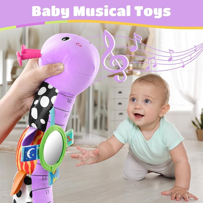 AWOTOY Baby Toys 6-12 Months Music Caterpillar Infant Toys Stuffed Animals | 0-3-6 Months Sensory Toys Tummy Time Teething Toys with Mirror Pull String Rattle for Newborn Boy Girl Shower Birthday Gifts
