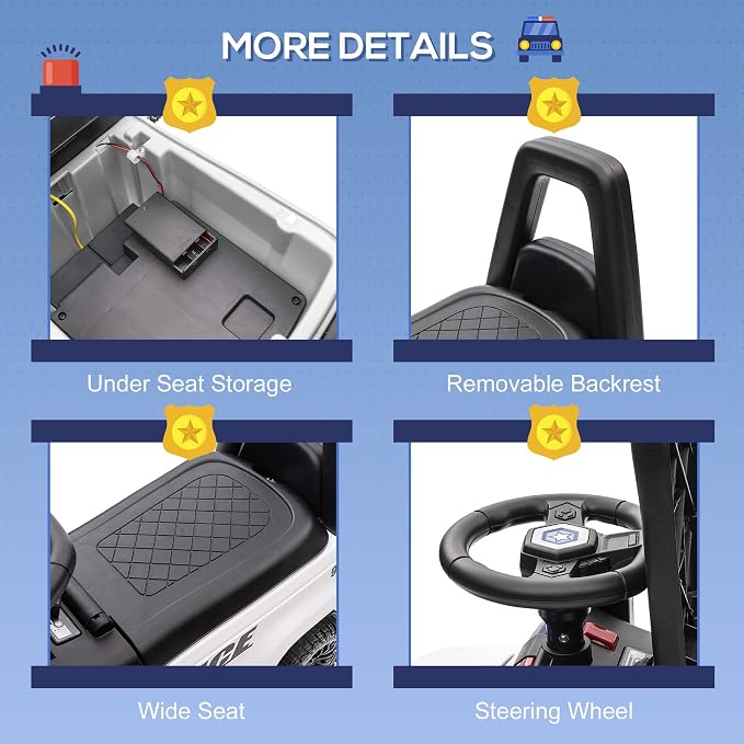 Aosom Kids Push Ride On Car with Working PA System and Horn, Police Truck Style Foot-to-Floor Sliding Car for Boys and Girls with Under-Seat Storage, for 18 Months to 5 Years Old, White