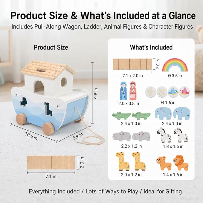 Wooden Noah’s Ark Toy for Toddlers 1-3, Montessori Animal Shape Sorter with 8 Pairs of Animals, Noah Figures, Rainbow, Ladder and Lacing Rope, Baptism Birthday Christian Gift for Boys Girls