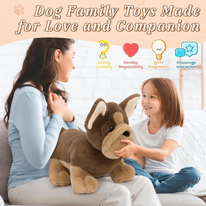 MorisMos French Bulldog Stuffed Animal with Babies,18'' Mommy Stuffed Dog Push with Puppy Toys for Kids,4Pcs Realistic French Bulldog Toys for Girl Boy,Pug Toy Gift for Birthday Christmas