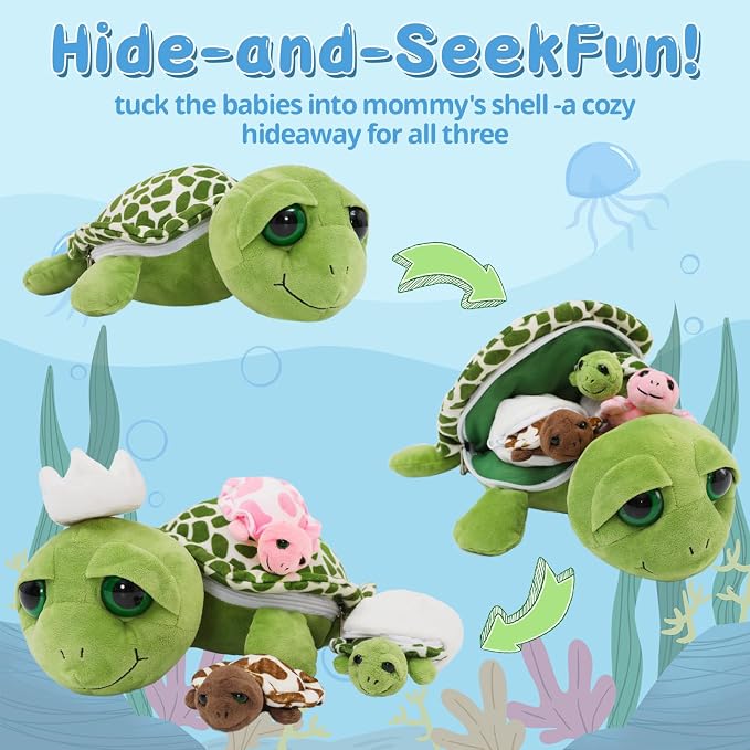 6Pcs Turtle Stuffed Animals with 3 Baby Turtles & 2 Eggs,14" Sea Turtle Plush Pillow Toy with with Zipper Belly, Nesting Ocean Animal Toy for Kids, Birthday Christmas