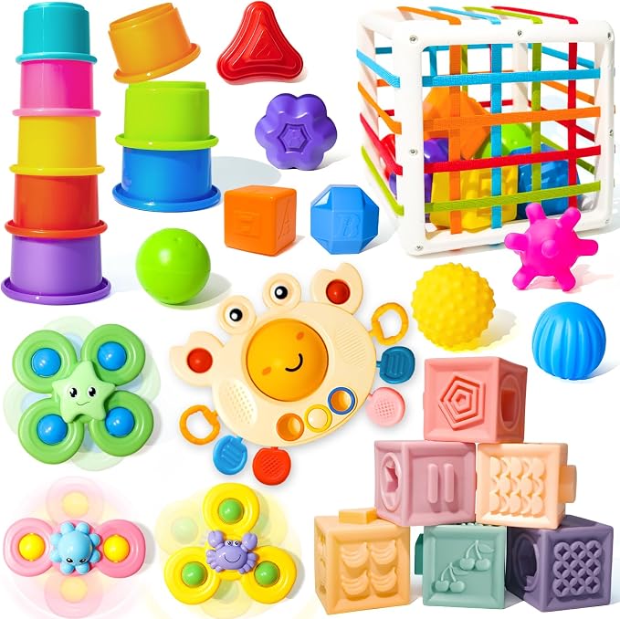 Montessori Toys for Babies 0-3-6-12 Months, 6 in 1 Baby Toys 4 5 6 7 8 9 Month Old, Baby Blocks Stacking Toys, Infant Baby Sensory Development Learning Toys Gifts for 1 2 3 Year Old Boys Girls