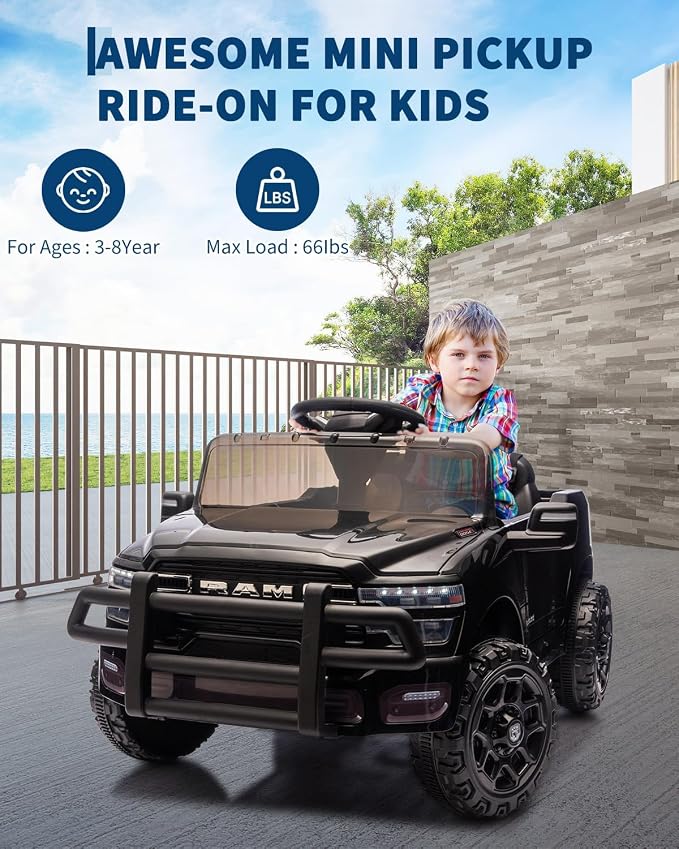 Garvee Kids Ride On Cars, Licensed RAM 12V Electric Ride On Truck Car w/Remote Control, Electric Pickup Car for Toddlers, Spring Suspension, LED Lights, Music, Ride On Toys for Boys Girls