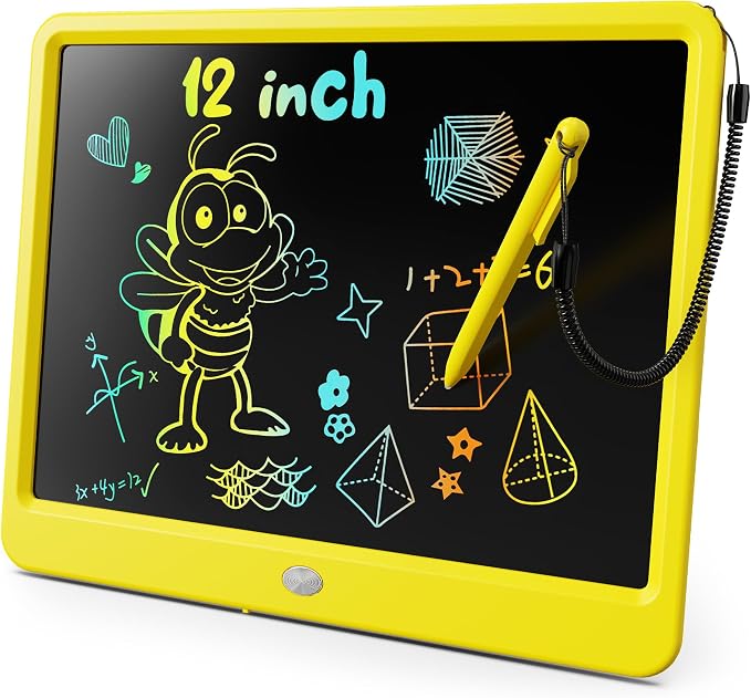 KOKODI LCD Writing Tablet, 12 Inch Colorful Toddler Doodle Board Drawing Tablet, Erasable Reusable Electronic Drawing Pads, Educational and Learning Toy for 3-6 Years Old Boy and Girls(Yellow)