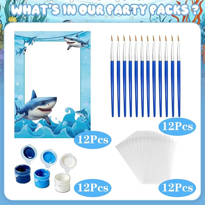 Xvvti 12PCS Shark Party Favors- DIY Shark Wood Painting Kits with Art Supplies – Fun Thank You Gifts, Birthday Party& Goodie Bag Stuffer