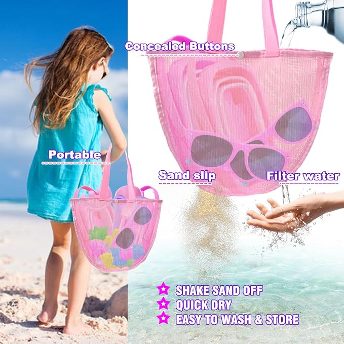 Beach Sand Molds Toys for 2-4 Years Old Girls Kids|Collapsible Sand Bucket Sandbox Toys|Pink Shovels|Sunglasses&Mesh for 3-5 Years Old Toddlers|Travel Sand Toys for Beach Camping
