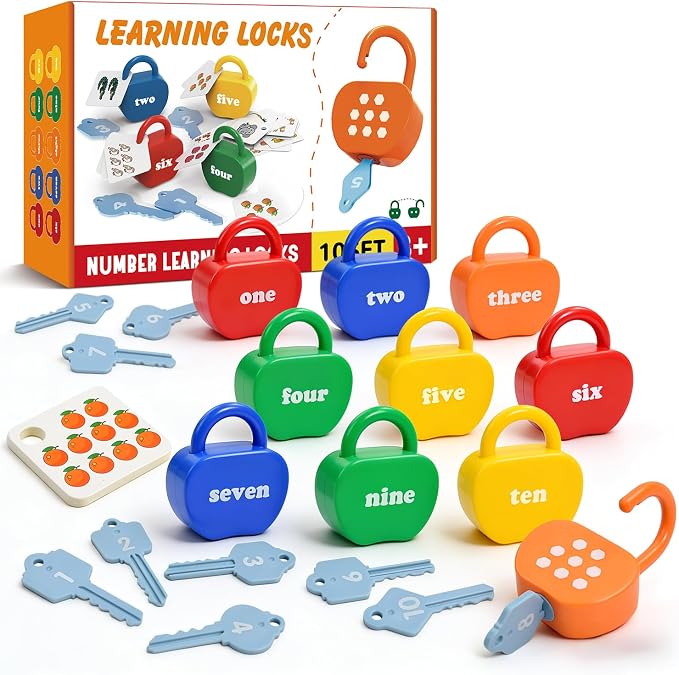 Montessori Lock and Key Toddler Toys, Cause and Effect Sensory Learning Toys for 1 2 3 Year Old, Number Counting & Matching Game, Fine Motor Skills Preschool Travel Activities