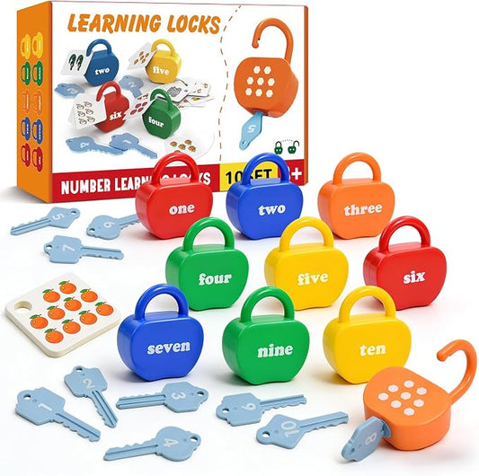 Montessori Lock and Key Toddler Toys, Cause and Effect Sensory Learning Toys for 1 2 3 Year Old, Number Counting & Matching Game, Fine Motor Skills Preschool Travel Activities