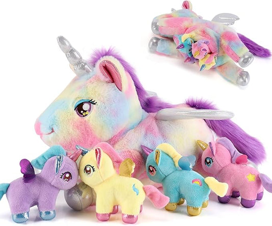 gnomantic Unicorn Stuffed Animals with Babies Inside, Mommy Toy for Kids | 5-Piece set: 1 mommy unicorn + 4 baby unicorns inside. Unzip belly to reveal surprise babies. Ultra-soft, ages 3-8.