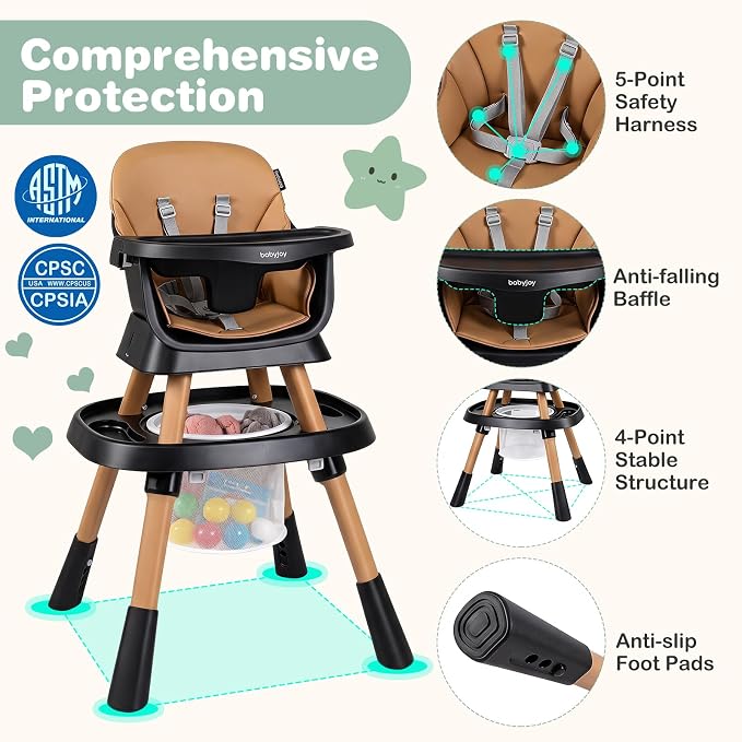 BABY JOY 16 in 1 High Chair, Convertible Baby Highchair for Babies and Toddlers with Activity Center, Booster Seat, Building Block Table, Toddler Chair with Safety Harness, Removable Tray (Coffee)