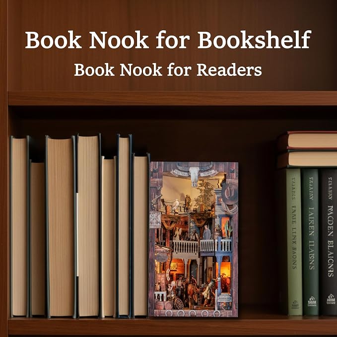 Book Nook Kit, DIY Miniature House Dollhouse - 3D Wooden DIY buidling Dollhouse with Bookshelf Nook (Western Town)