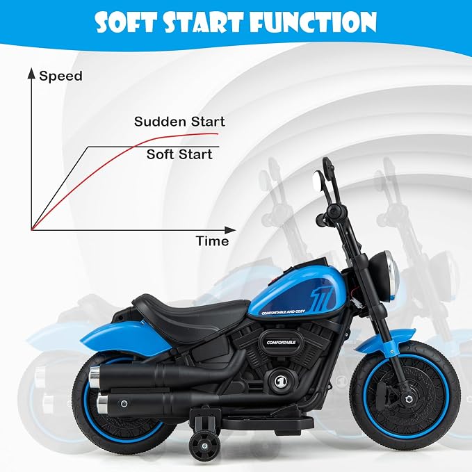 Costzon Toddler Motorcycle, 6V Battery Powered Electric Motorcycle with Detachable Training Wheels, Soft Start, Headlights & Music, Kids Motorcycle Ride on Toy for Toddlers Boys Girls 18+ Months(Blue)