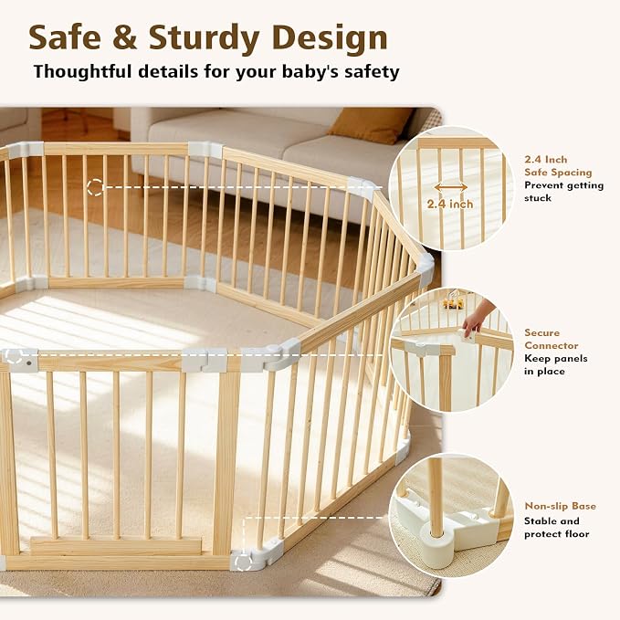 Baby Playpen, 56 * 56 * 24 inches Wooden Play Yard with Gate, Playpen for Babies and Toddlers, Baby Activity Center with Child-Proof Lock, Fence Play Area for Toddlers 6 to 36 Months