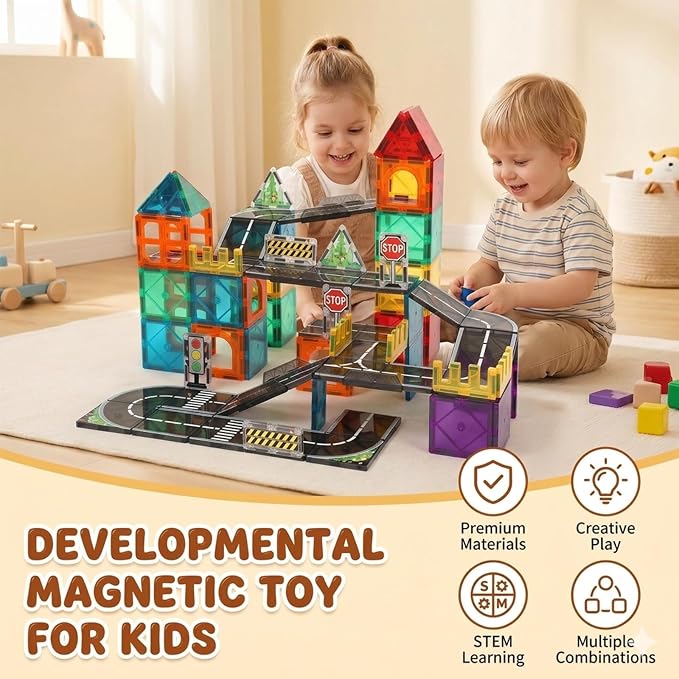 Magnetic Tiles Road Set, 89 PCS Magnetic Building Blocks with Roads, Bridges & Ramps, STEM City Building Toys for Kids Ages 3-8, Educational Construction Magnet Toys, Gifts for Boys Girls