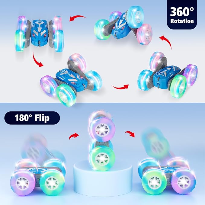 Amicool Remote Control Car for Boys 6-12 with Flashing Lights – 4WD Double-Sided 360° Flip Stunt RC Car | Birthday Indoor & Outdoor Play | Blue