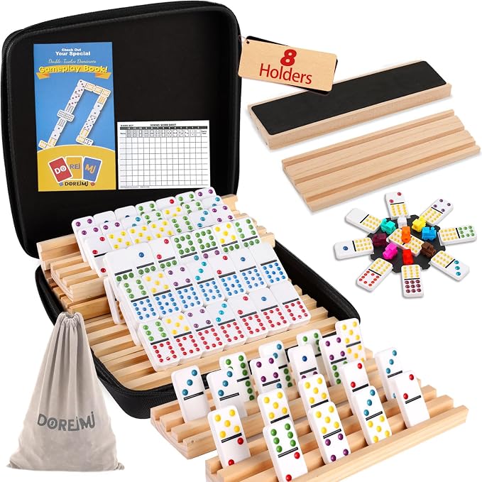 Doreimi Mexican Train Dominoes Set with 8 Wooden Holders, Double 12 Colored Dot Dominoes with Update Hub, Travel Domino Train Game with 91 Tiles and Portable Carry Case, Family Board Team Games